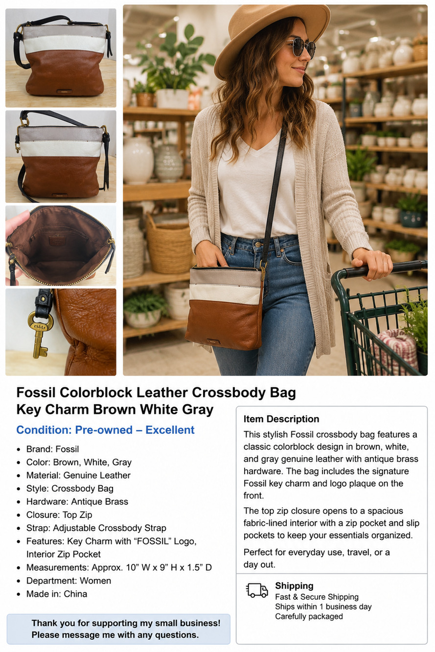 Fossil Colorblock Leather Crossbody Bag Boho Hipster Mom Brown Cream Key Charm